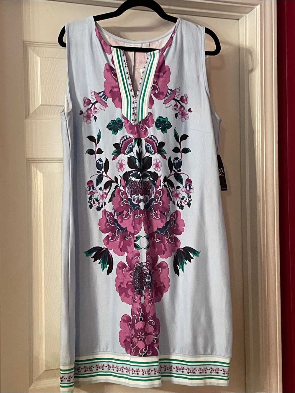 New York & Company Light Blue Sleeveless Dress with Pink Floral Print